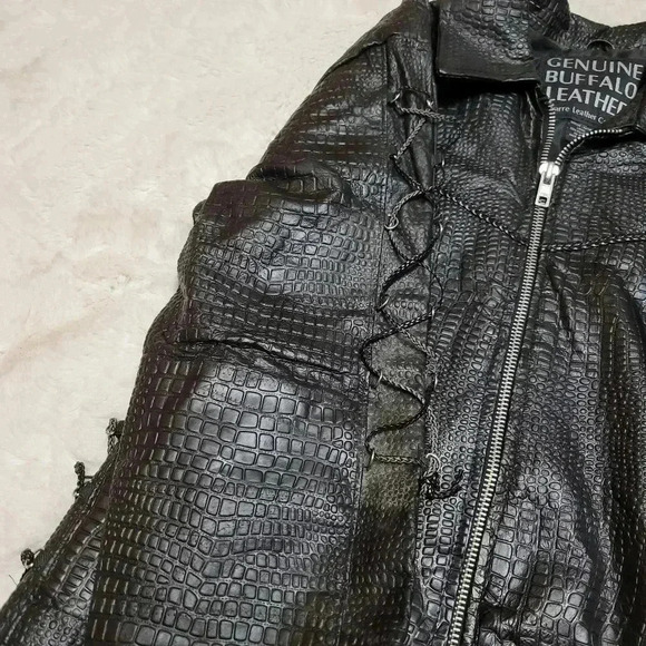 Navarre Croc Embossed Black Buffalo Leather Embroidered Rose Moto Jacket Biker - Picture 7 of 10